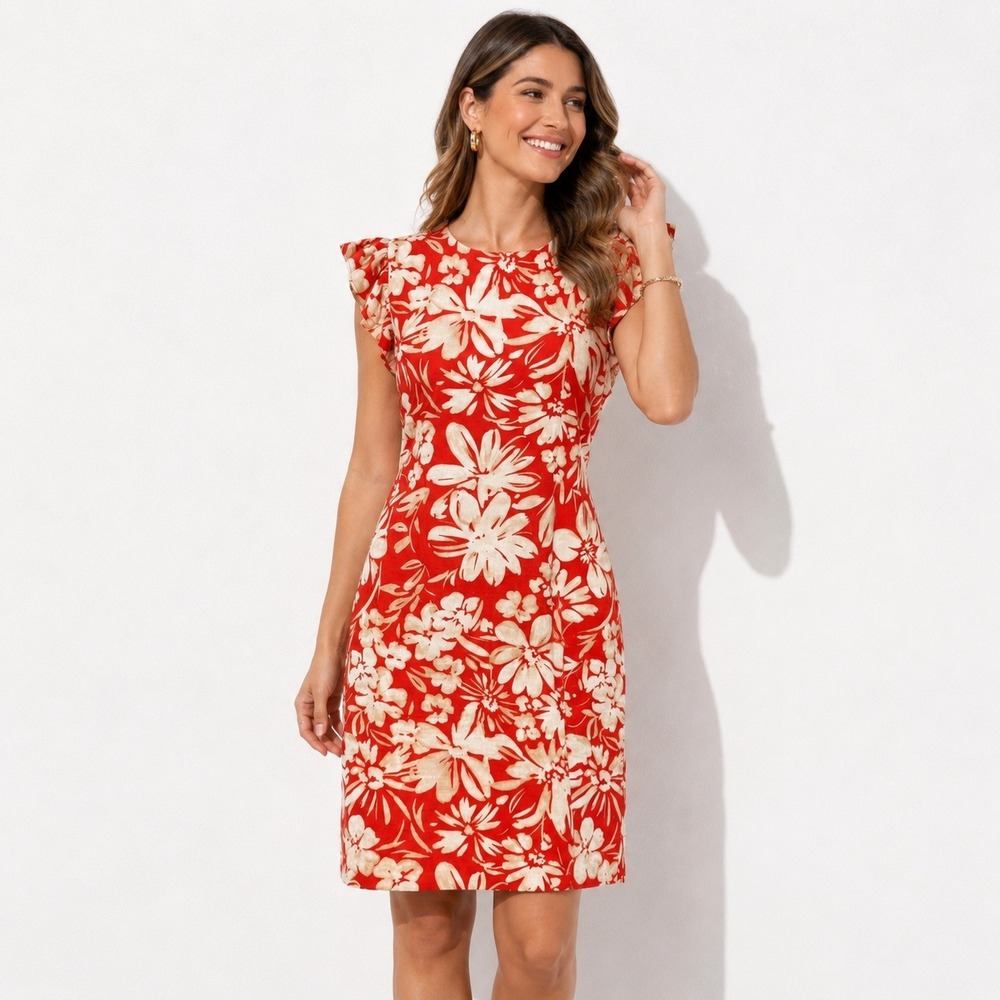 Jessica Howard Floral Linen Blend Dress Womens 8‎ Red Flutter Sleeve Sheath